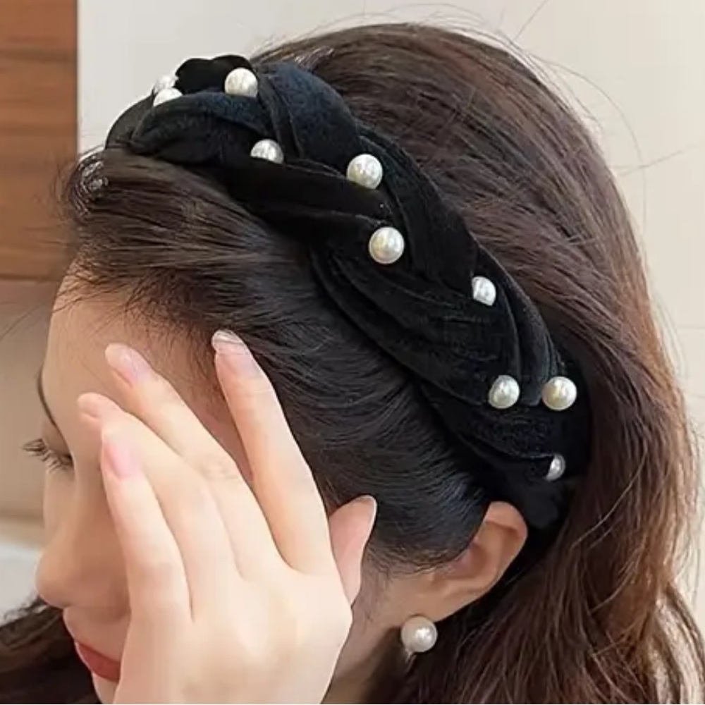 Blue Velour Pearl Accented Headband - Picture 2 of 3